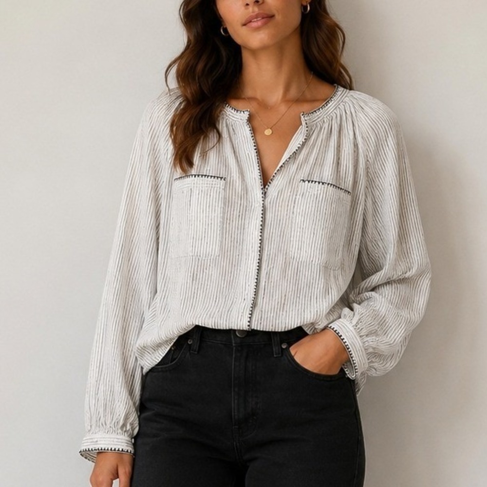 Zara White Black Striped Cotton Peasant Boho Blouse Long Sleeves | Size XL